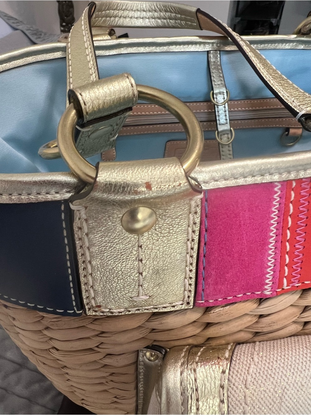 Coach Multicolor Stripe Straw Tote with Gold Accents - Picture 2 of 13